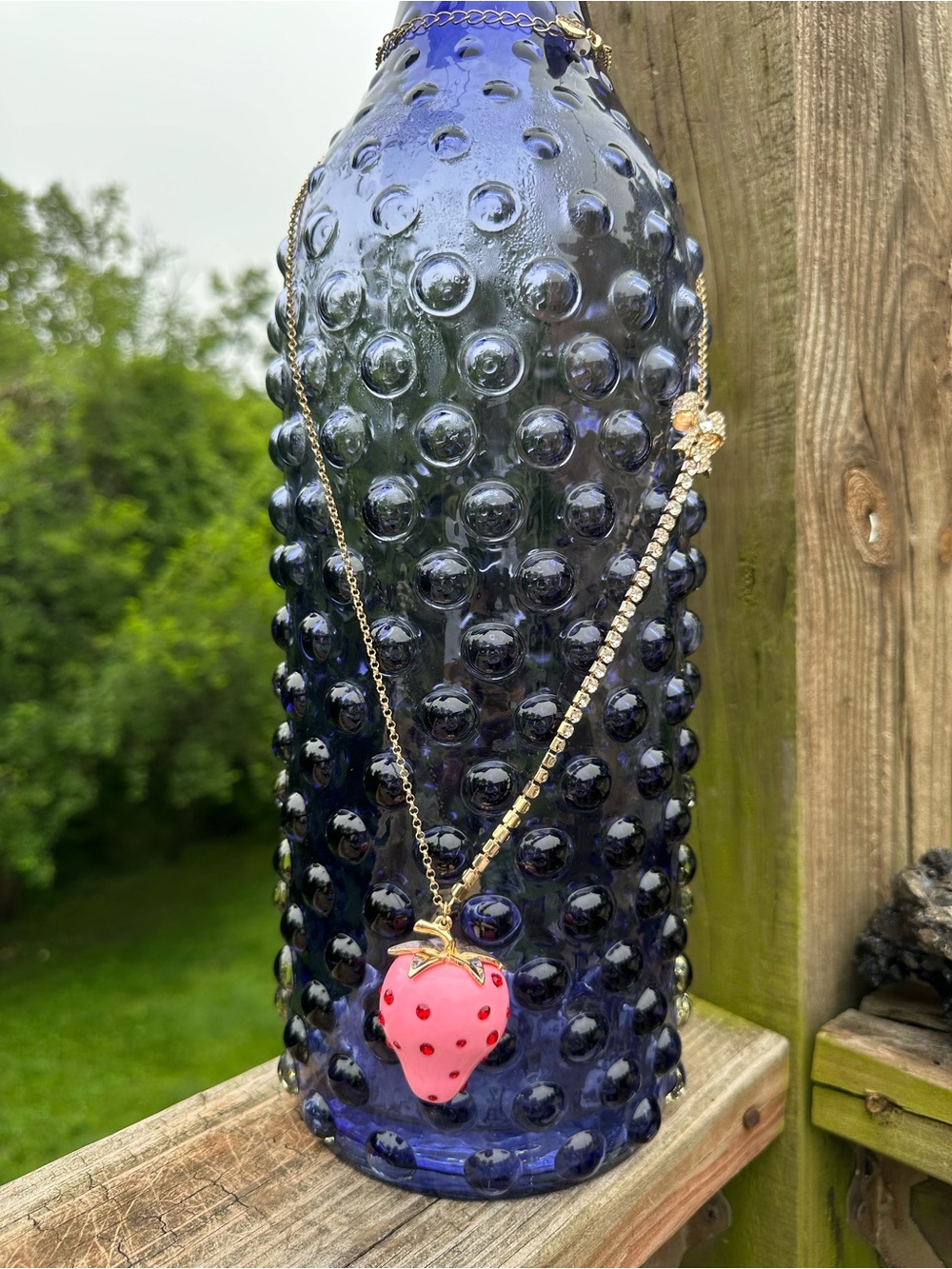 Betsey Johnson Pink Strawberry Pendant Necklace with Gold-Tone Chain